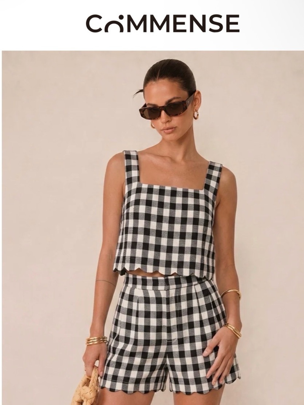 Commense Scallop Hem Black & White Gingham Crop Top Shorts Set NWT Small